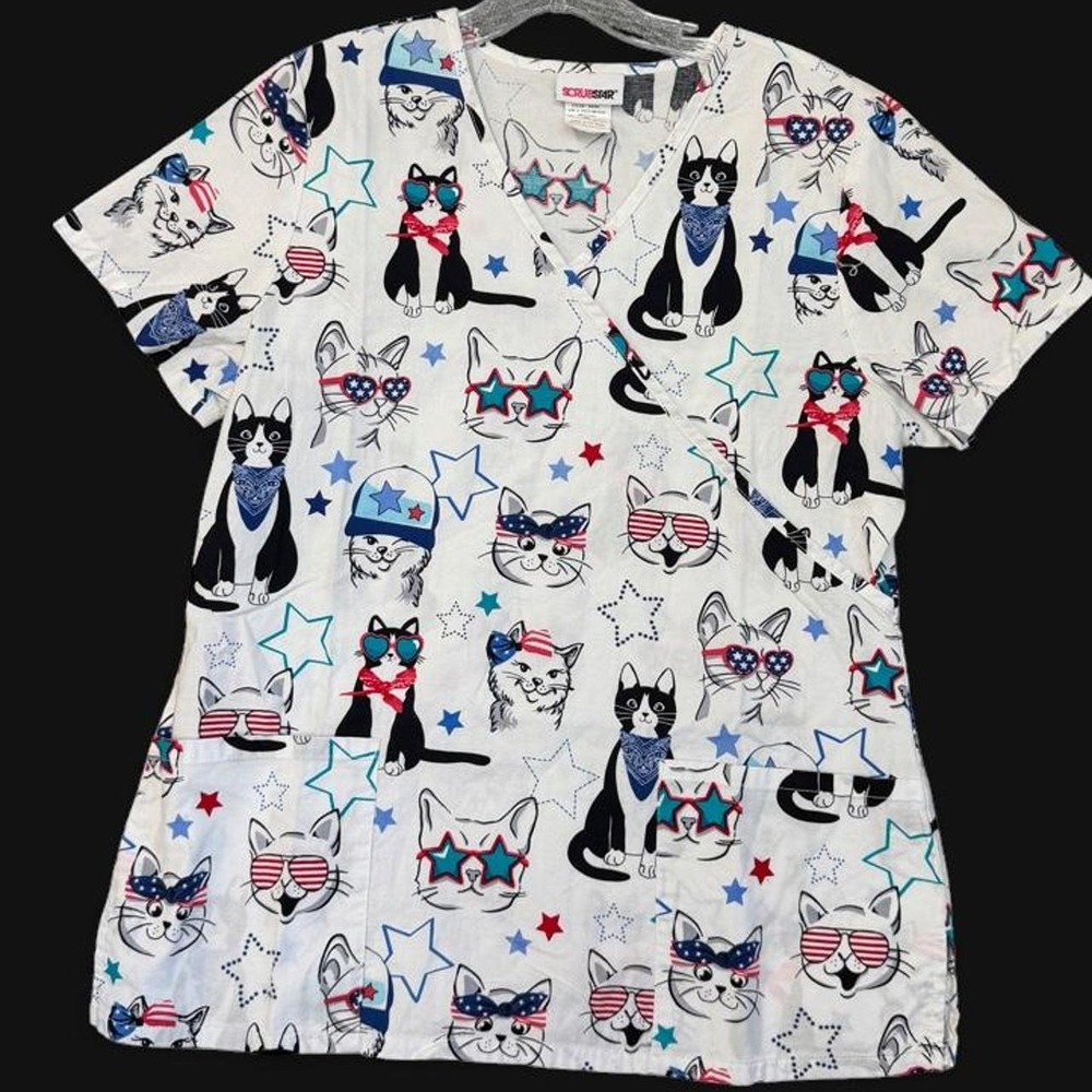 Scrubstar Patriotic Cats Scrub Top Medium Labor Day USA Red White Blue
